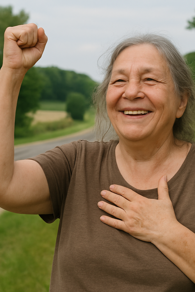 Beaming woman with hand on heart and fist raised